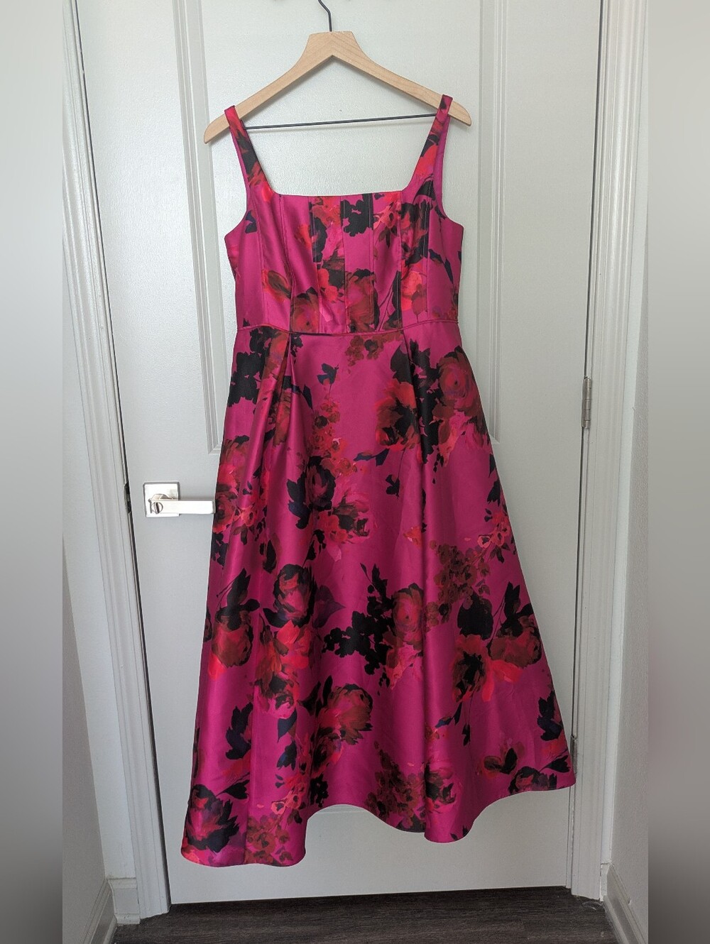 Adrianna Papell Fuchsia Floral Satin Fit-and-Flare Dress